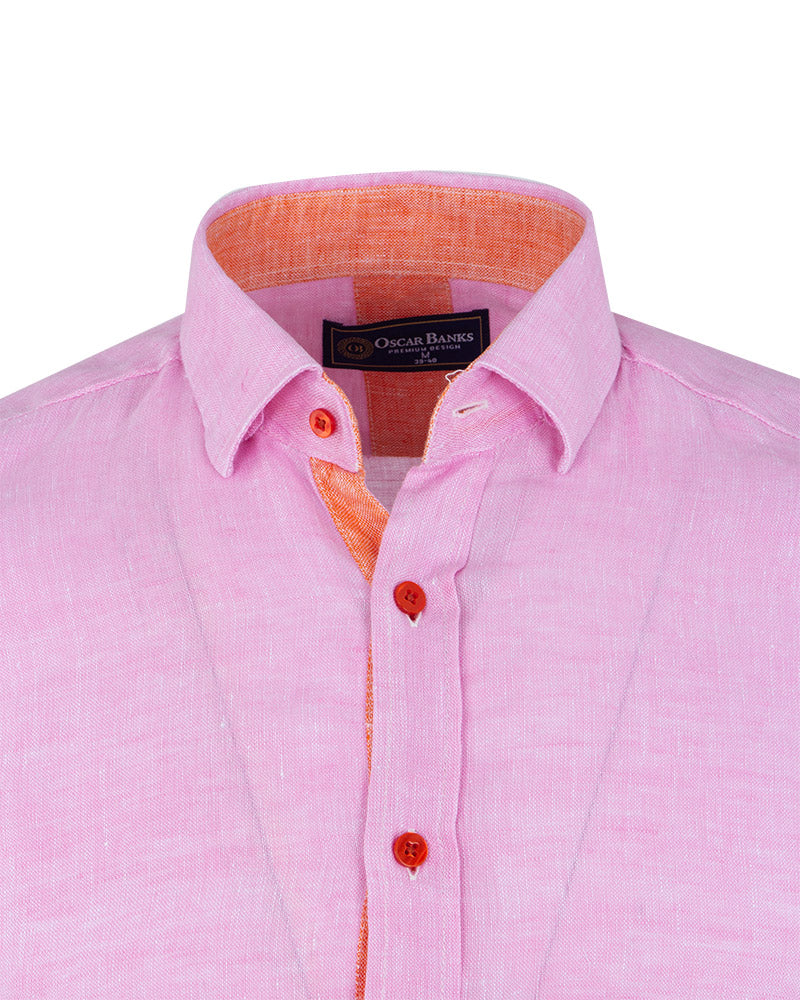 Pink Plain Linen Short Sleeve Shirt