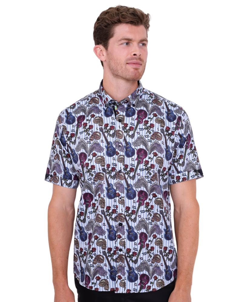 Blue Stripe Guitar and Skull Print Short Sleeve Shirt