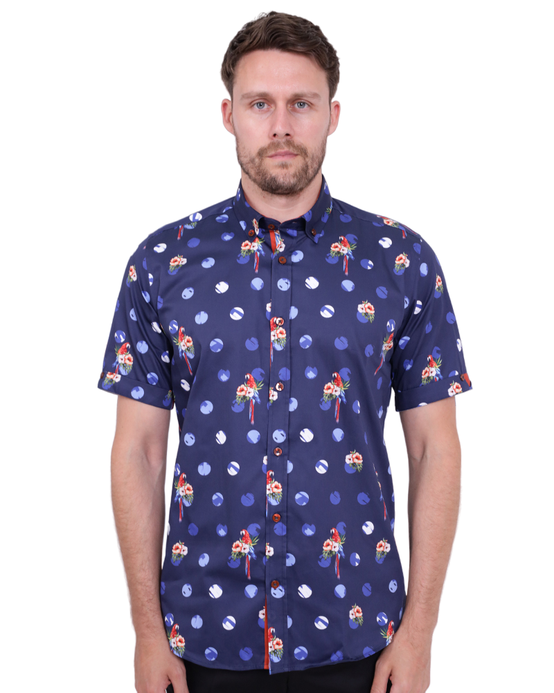 Dark Blue Tropical Parrot Print Short Sleeve Shirt