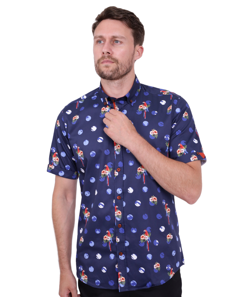 Dark Blue Tropical Parrot Print Short Sleeve Shirt