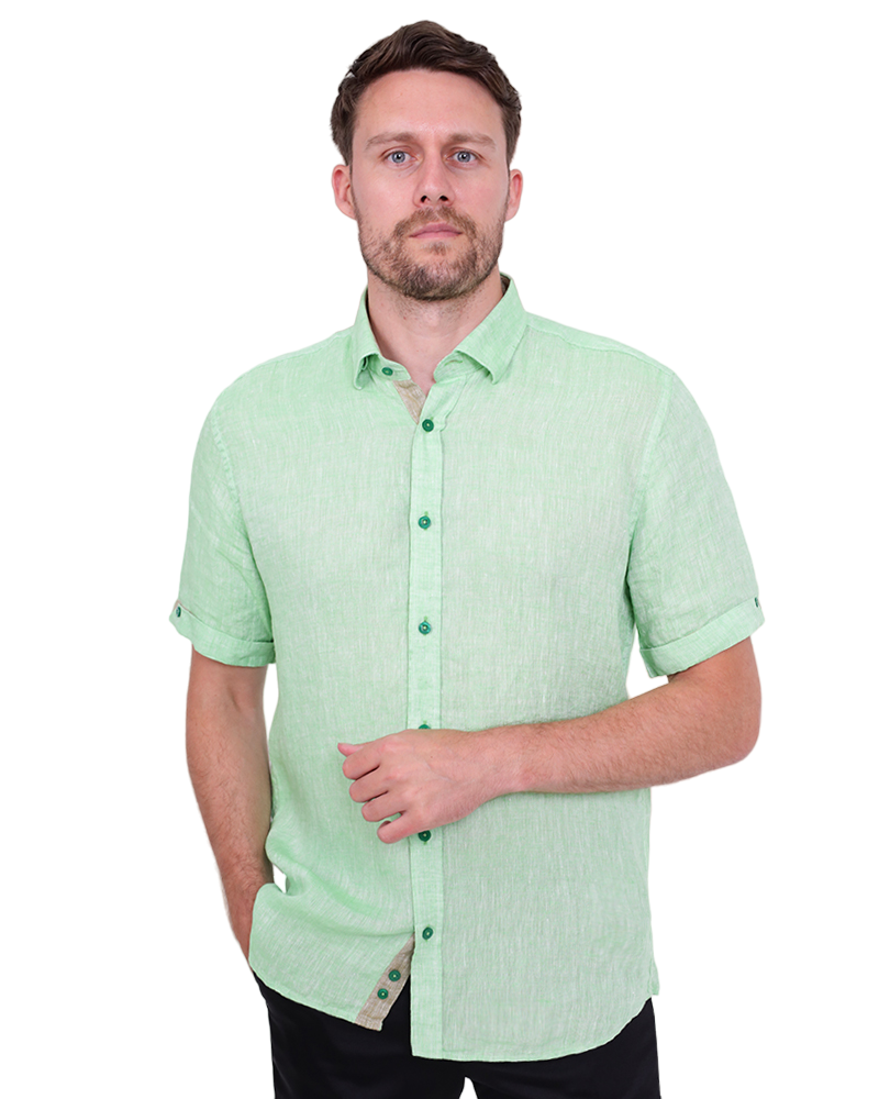 Green Plain Linen Short Sleeve Shirt