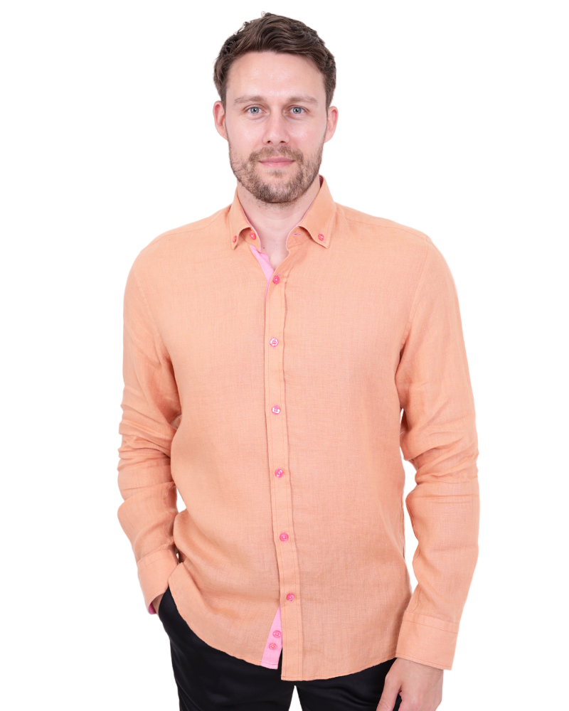 Orange Plain Linen Short Sleeve Shirt