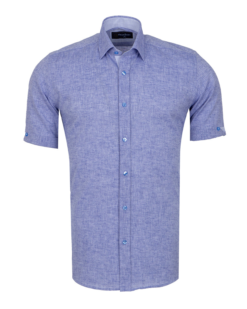 Dark Blue Linen Plain Short Sleeve Shirt