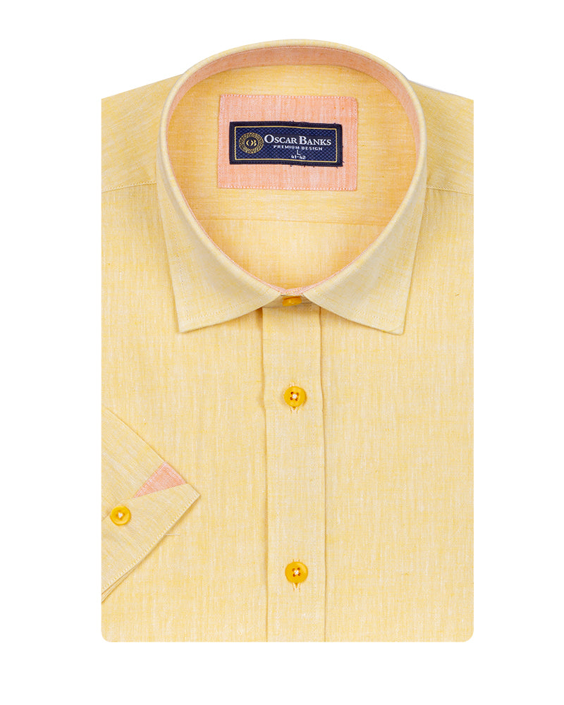 Yellow Linen Plain Short Sleeve Shirt