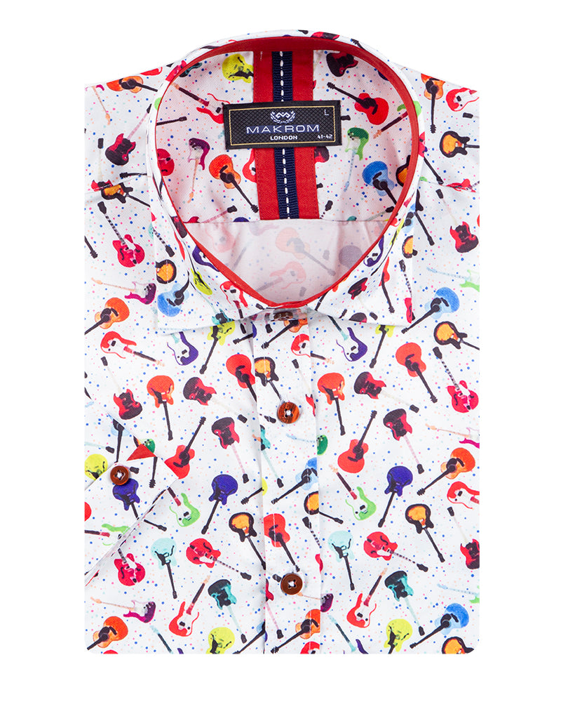 White Colourful Guitar Print Short Sleeve Shirt