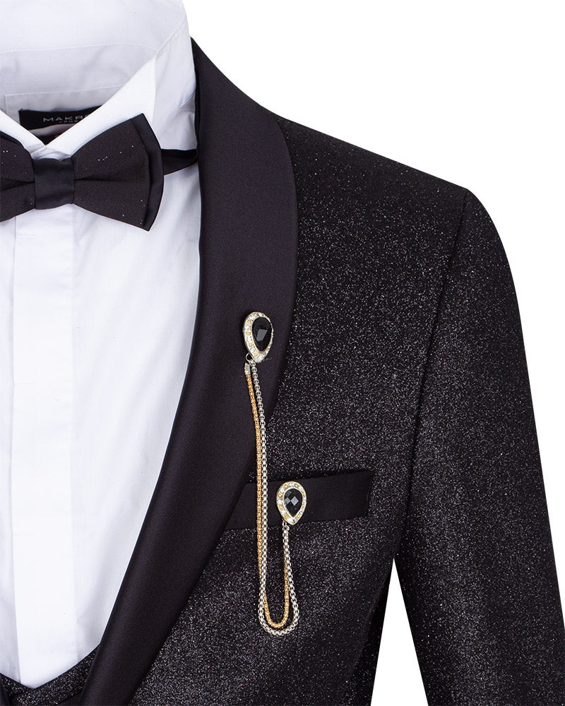 Black Men's Three Piece Glitter Wedding Suit Contrasting Lapel