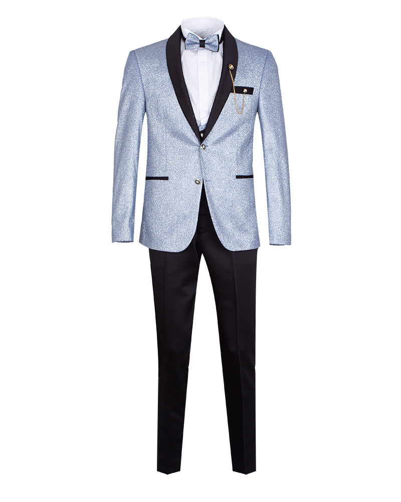 Blue Men's Three Piece Glitter Wedding Suit Contrasting Lapel