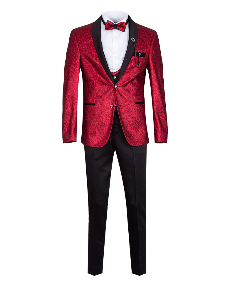 Red Men's Three Piece Glitter Wedding Suit Contrasting Lapel