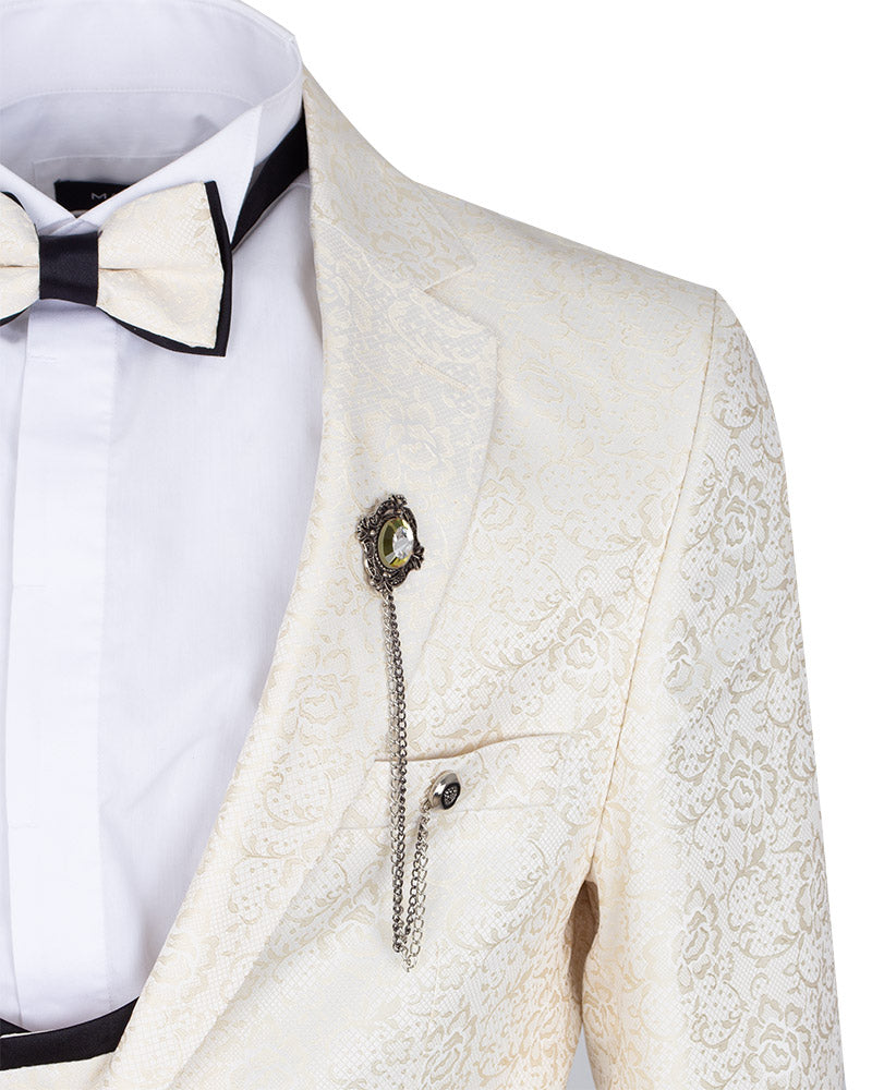 Cream Men's Four Piece Paisley Wedding Suit with Bowtie
