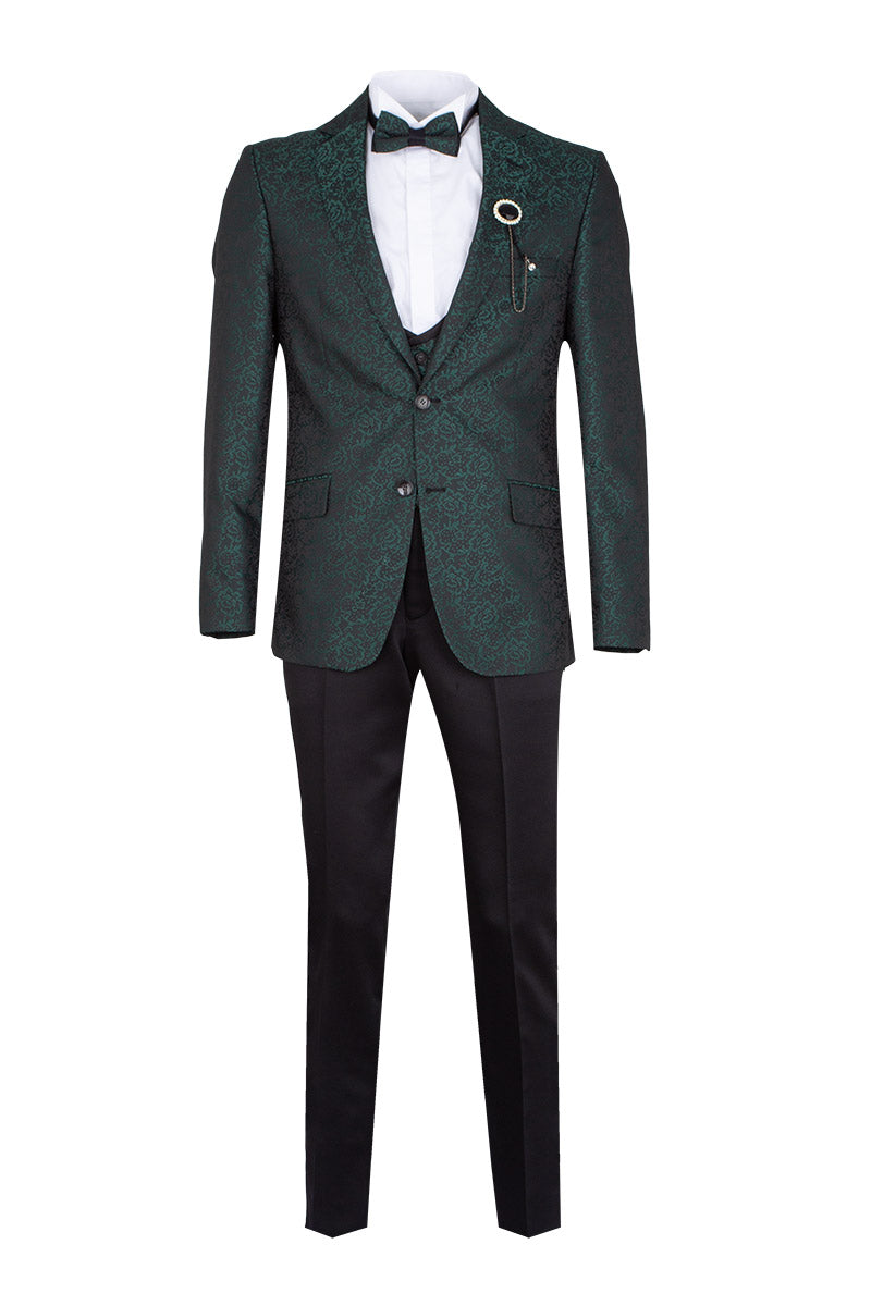 Floral Men's 4 Piece Paisley Green Wedding Suit with Bowtie