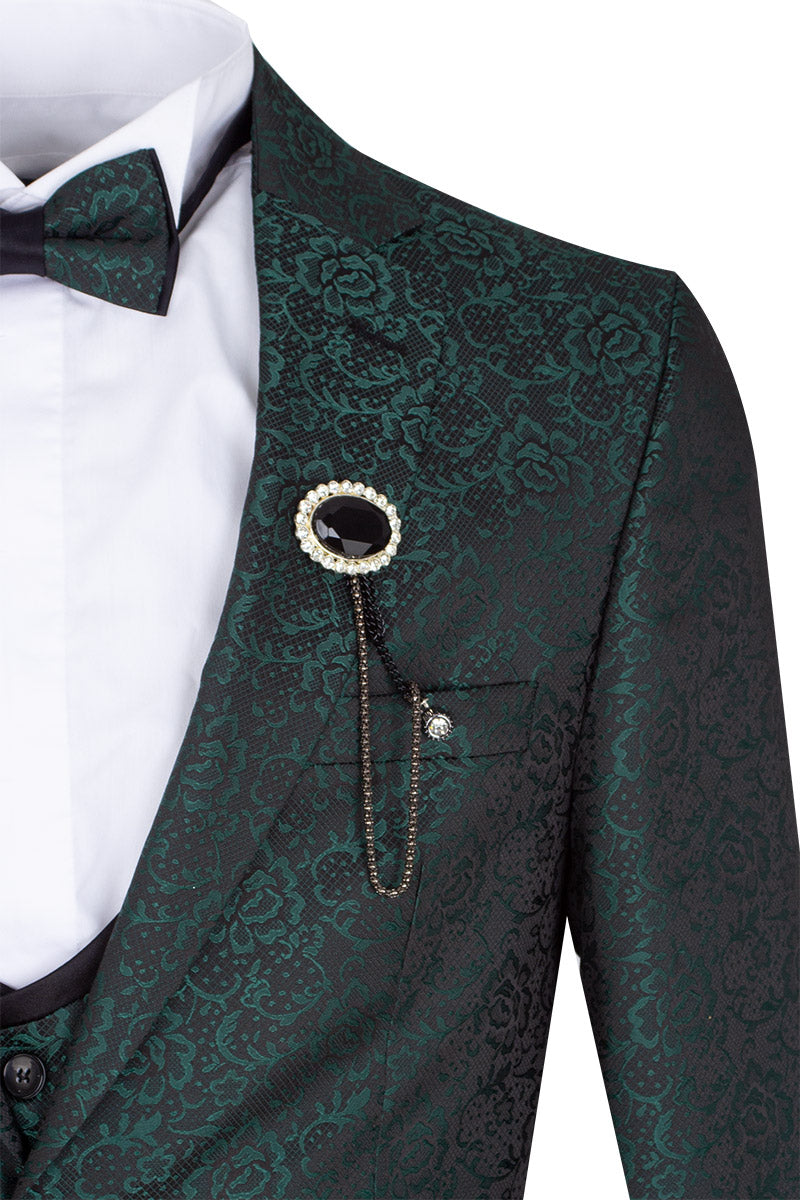 Floral Men's 4 Piece Paisley Green Wedding Suit with Bowtie