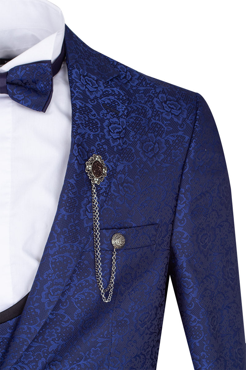 Dark Blue Men's Four Piece Paisley Wedding Suit with Bowtie