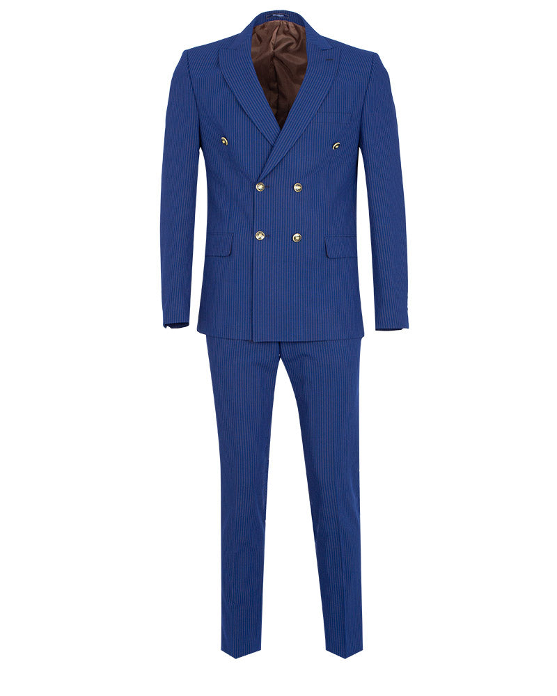 Royal Blue Two Piece Stripe Double Breasted Men's Suit