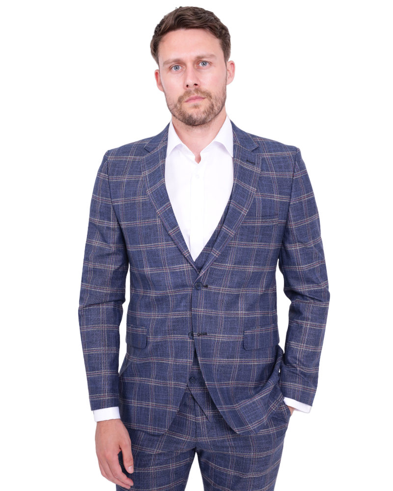 Dark Blue 3 Piece Check Suit