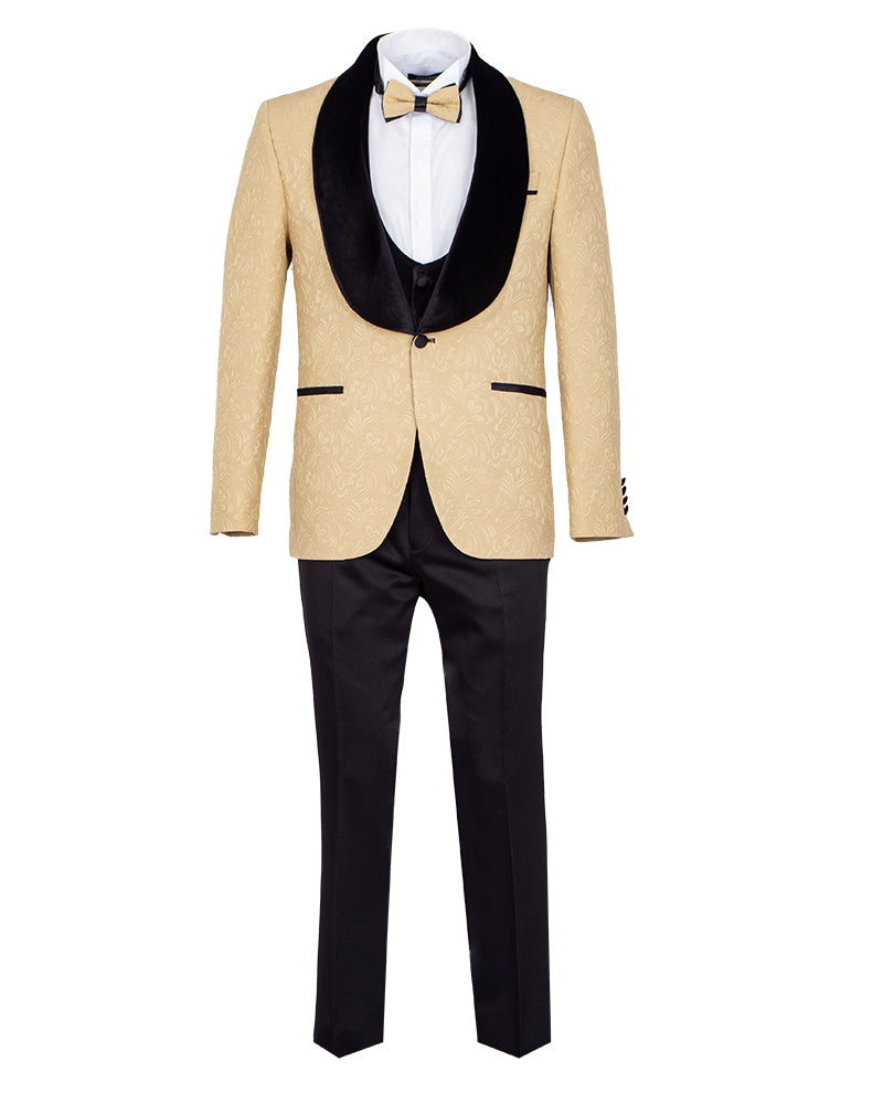 Four Piece Beige & Black Tuxedo Wedding Suit