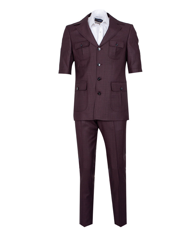 Burgundy Safari Classic Plain 2 Piece Short Sleeve Men's Suit