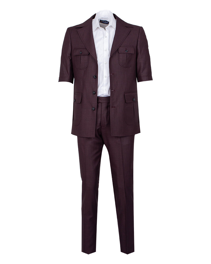 Burgundy Safari Classic Plain 2 Piece Short Sleeve Men's Suit