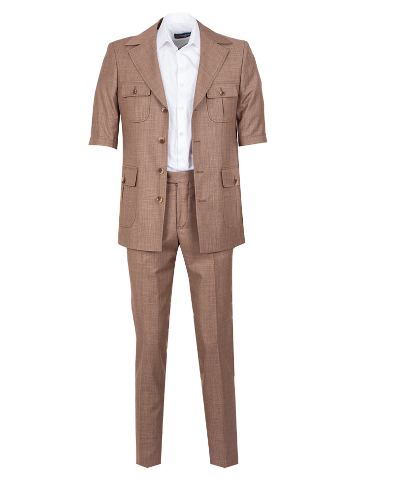 Brown Safari Classic Plain 2 Piece Short Sleeve Men's Suit