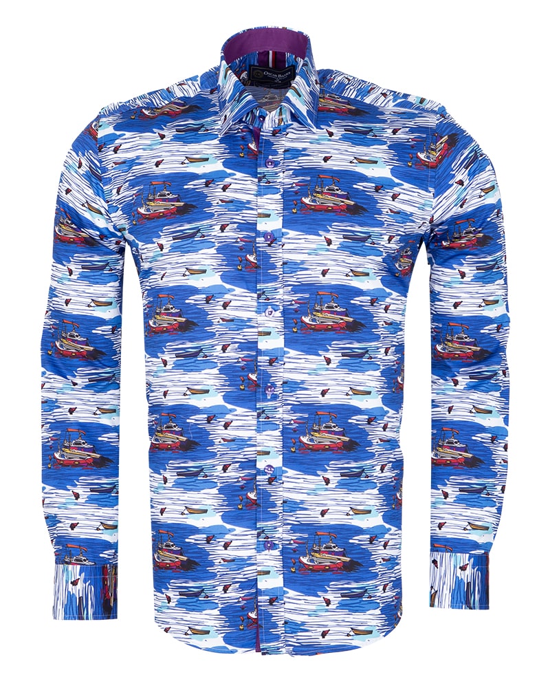 Sailing Boat Print Shirt with Matching Handkerchief-Makrom