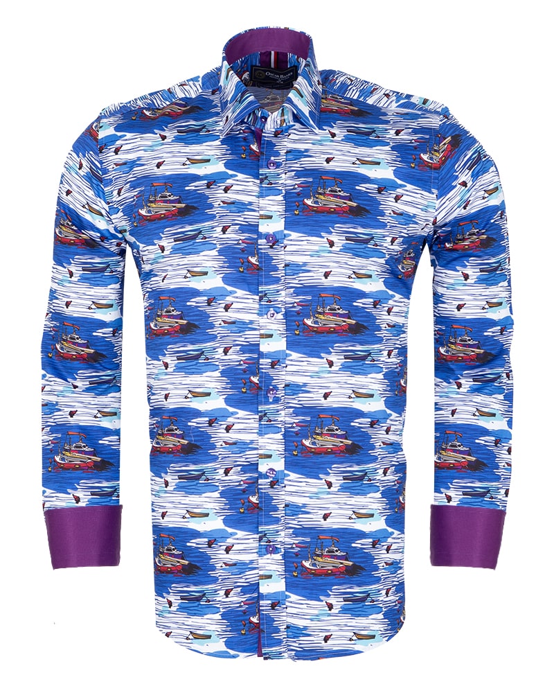 Sailing Boat Print Shirt with Matching Handkerchief-Makrom