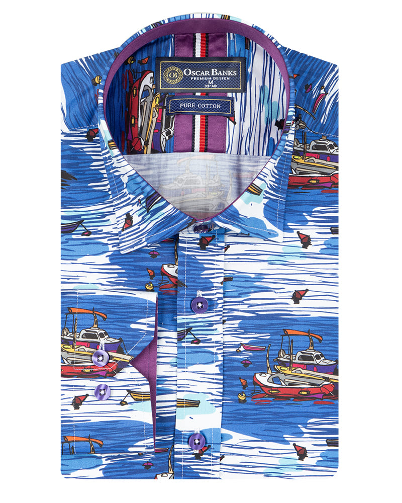 Sailing Boat Print Shirt with Matching Handkerchief-Makrom
