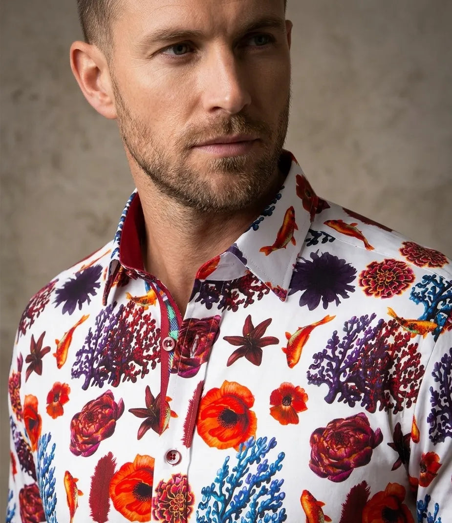 Seaside Print Men's Shirt with Matching Handkerchief