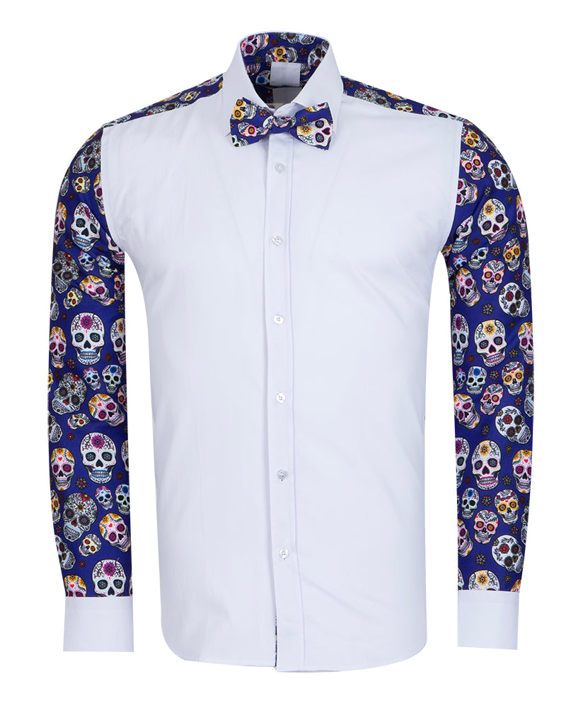 Skull Print Tuxedo Shirt Plain Front Panel-Makrom