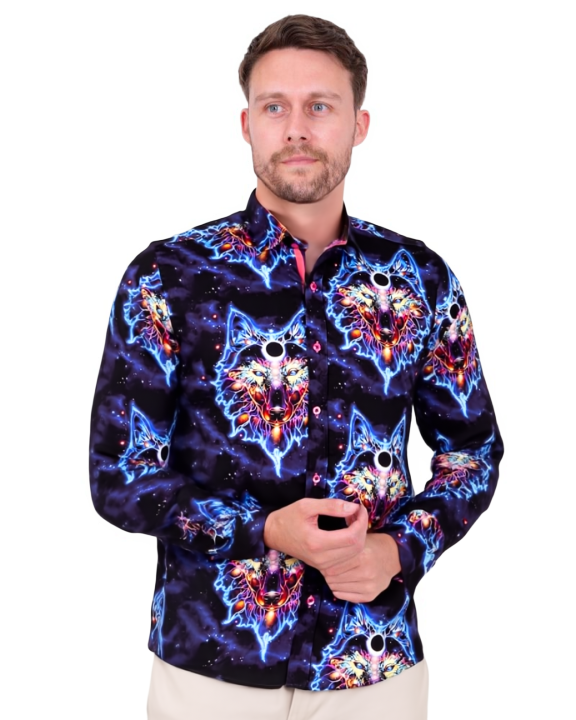 Space Wolf Print Men's Shirt with Matching Handkerchief-Makrom