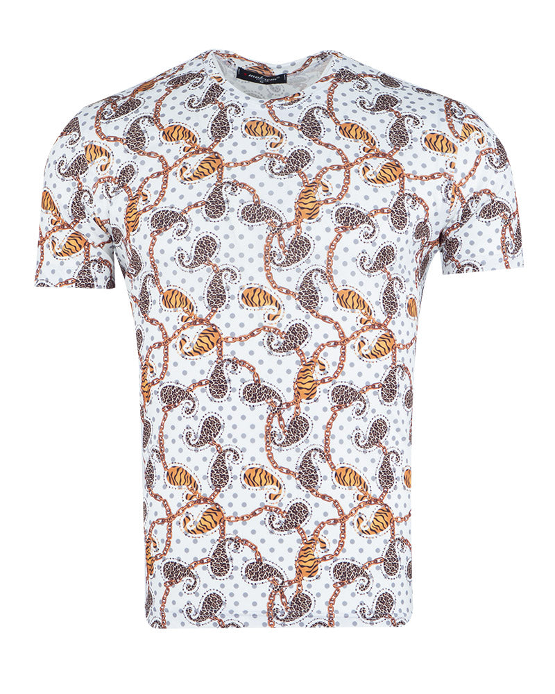White Paisley Chain Design Print T-Shirt
