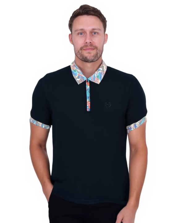 Dark Blue Polo T-Shirt With Paisley Collar