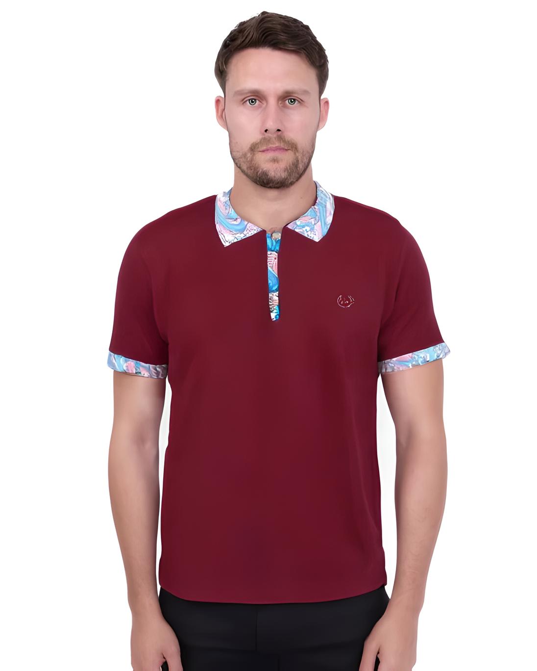 Burgundy Polo T-Shirt With Paisley Collar