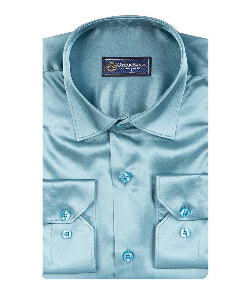 Turquoise Satin Plain Satin Classic Men’s Shirt-Makrom