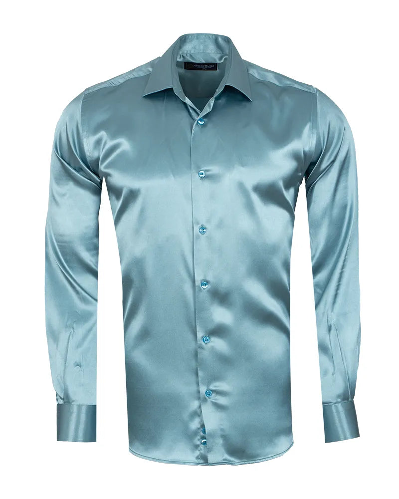 Turquoise Satin Plain Satin Classic Men’s Shirt-Makrom