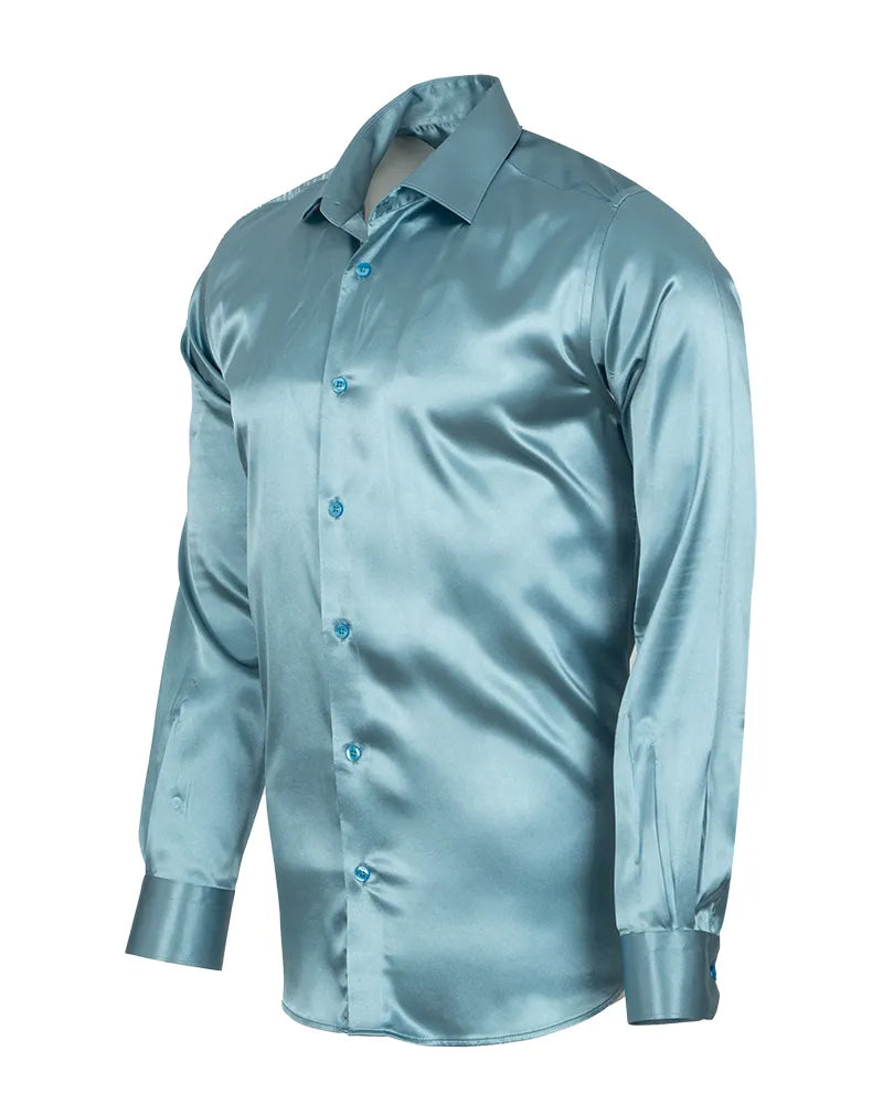 Turquoise Satin Plain Satin Classic Men’s Shirt-Makrom