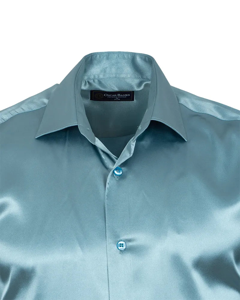 Turquoise Satin Plain Satin Classic Men’s Shirt-Makrom