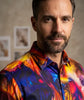 Vibrant Blue and Amber Pattern Satin Men`s Shirt