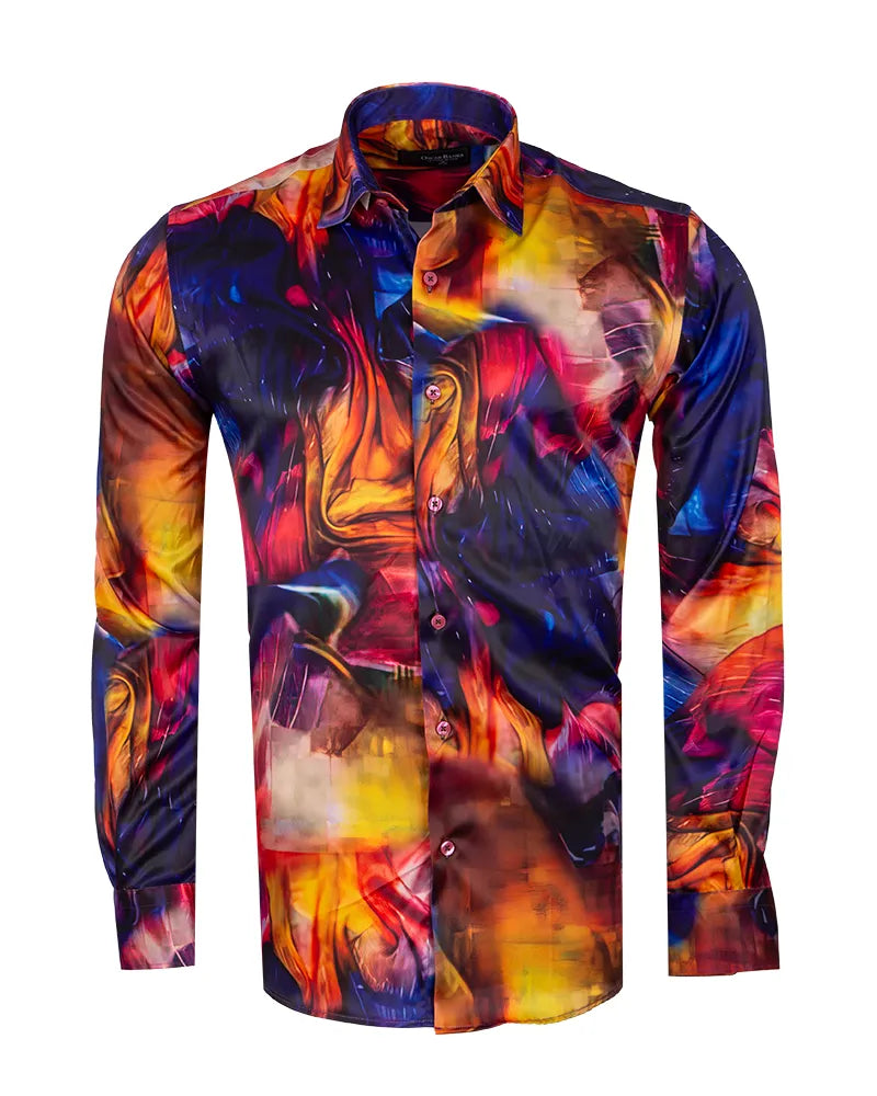 Vibrant Blue and Amber Pattern Satin Men`s Shirt-Makrom