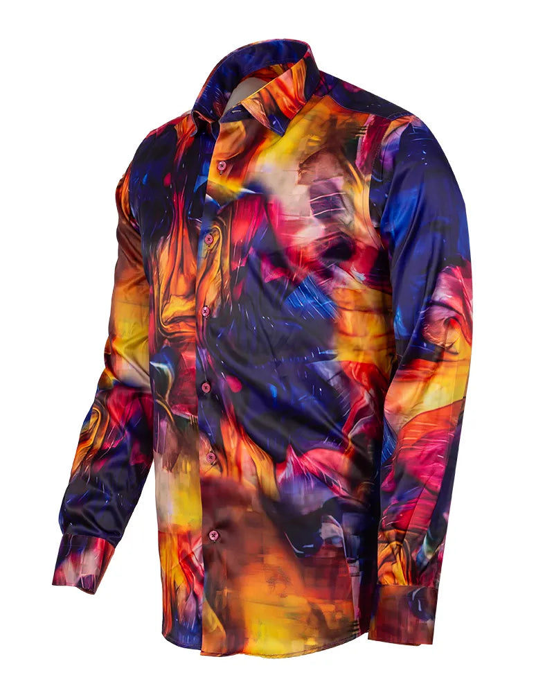 Vibrant Blue and Amber Pattern Satin Men`s Shirt-Makrom
