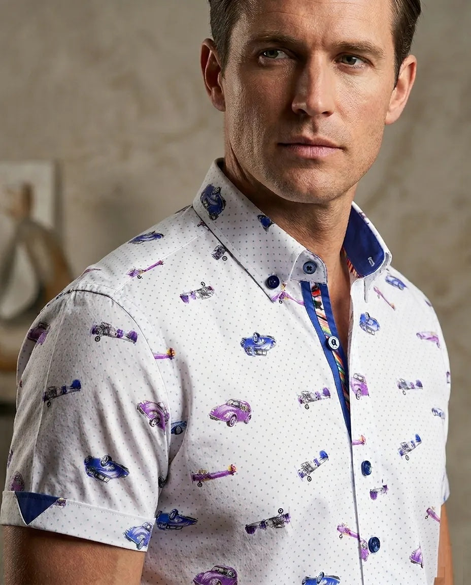 Vintage Car and Airplane Print Short Sleeve Shirt