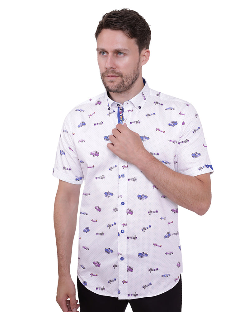 Vintage Car and Airplane Print Short Sleeve Shirt-Makrom
