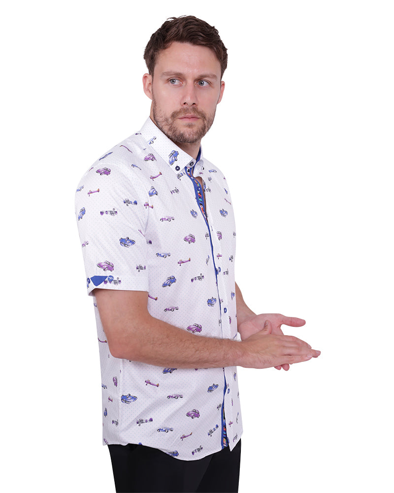 Vintage Car and Airplane Print Short Sleeve Shirt-Makrom