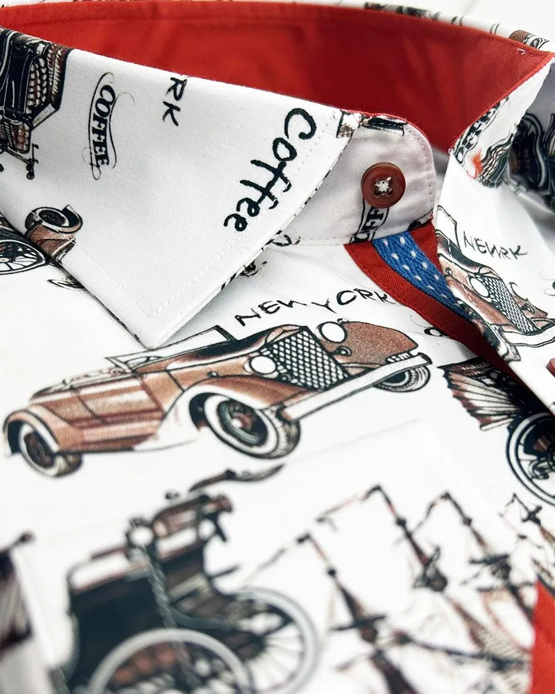 White Vintage Cars Print with Matching Handkerchief