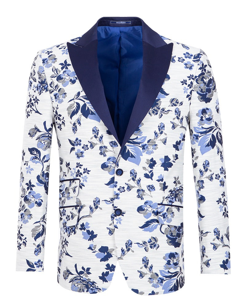Blue Flower Design Blazer with Contrasting Lapel