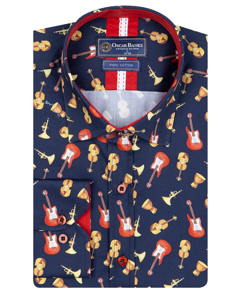 Dark Blue Orchestra Instrument Print Shirt with Matching Handkerchief