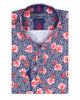 Dark Blue Rose Print Satin Cotton Shirt with Matching Handkerchief