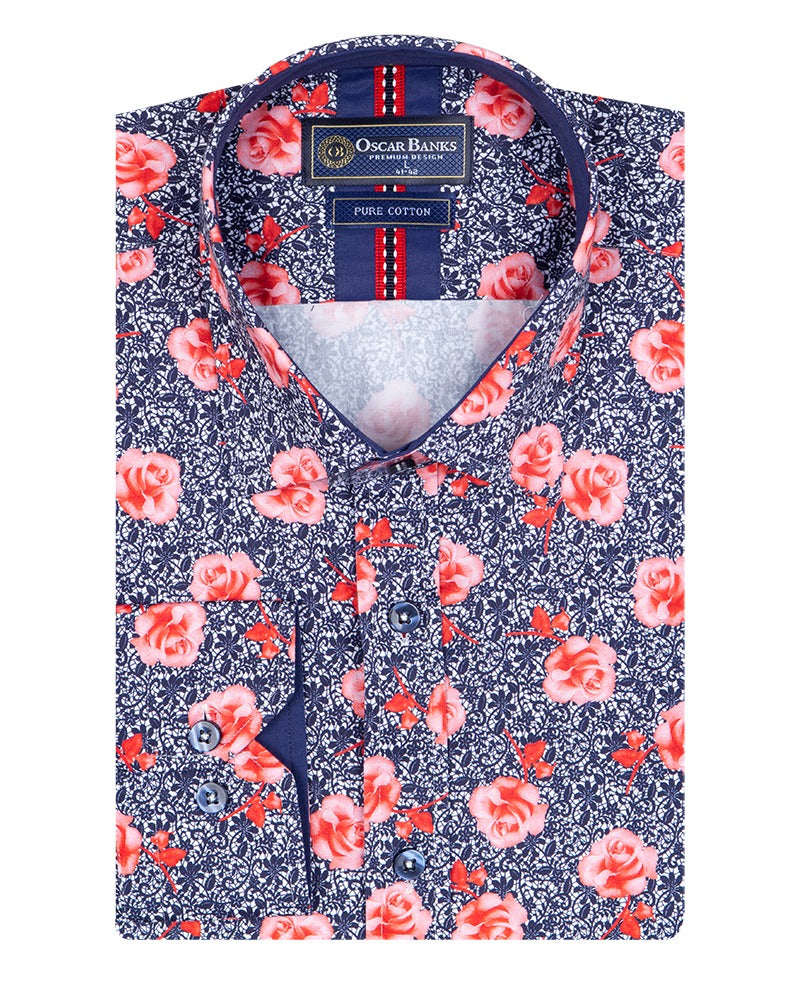 Dark Blue Rose Print Satin Cotton Shirt with Matching Handkerchief