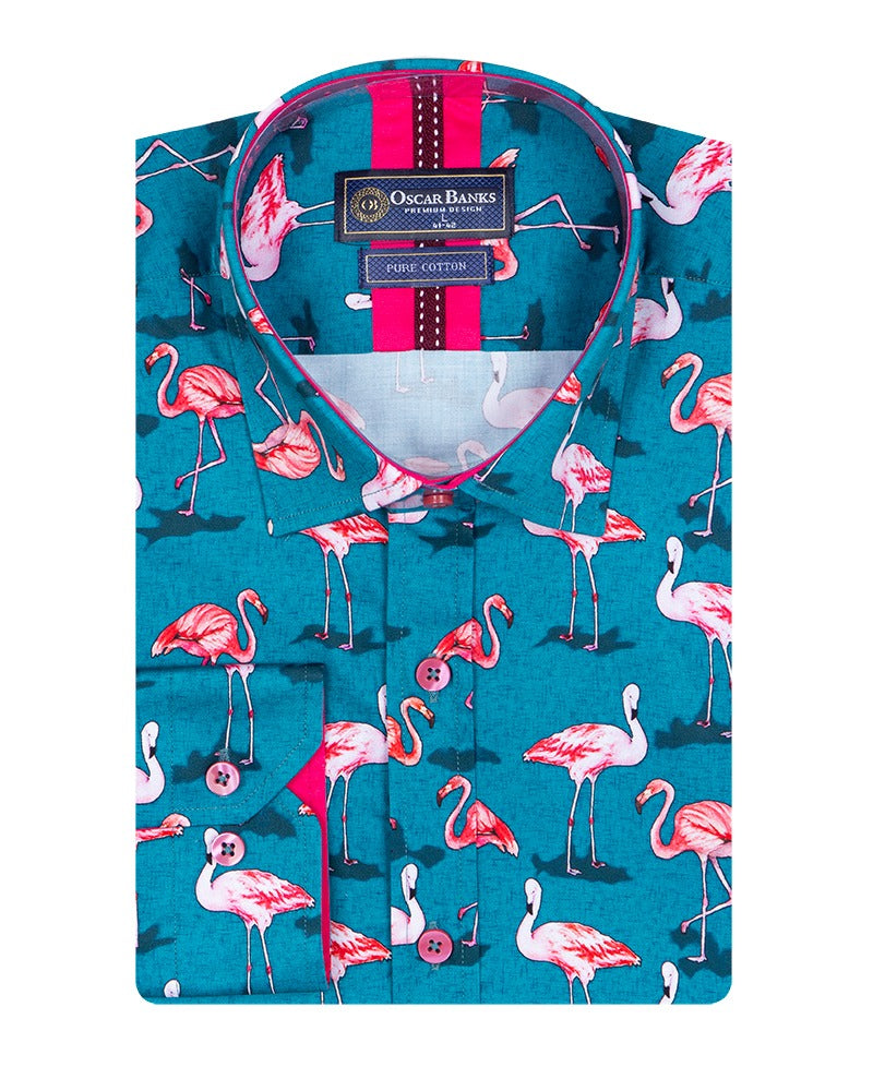 Green Flamingo Print Men's Shirt with Matching Handkerchief