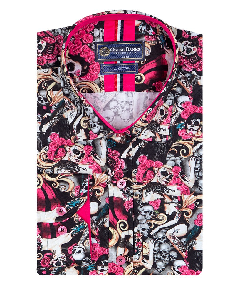 Black Skull Print Shirt with Matching Handkerchief