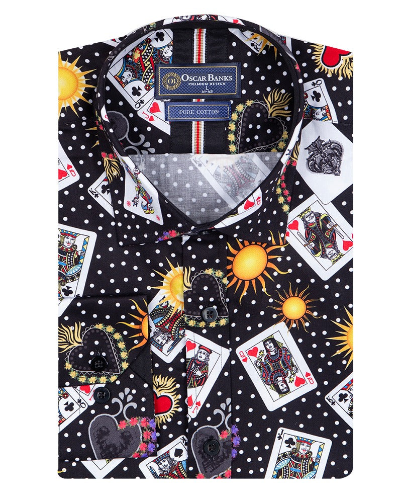Black Playing Card Print Shirt with Matching Handkerchief