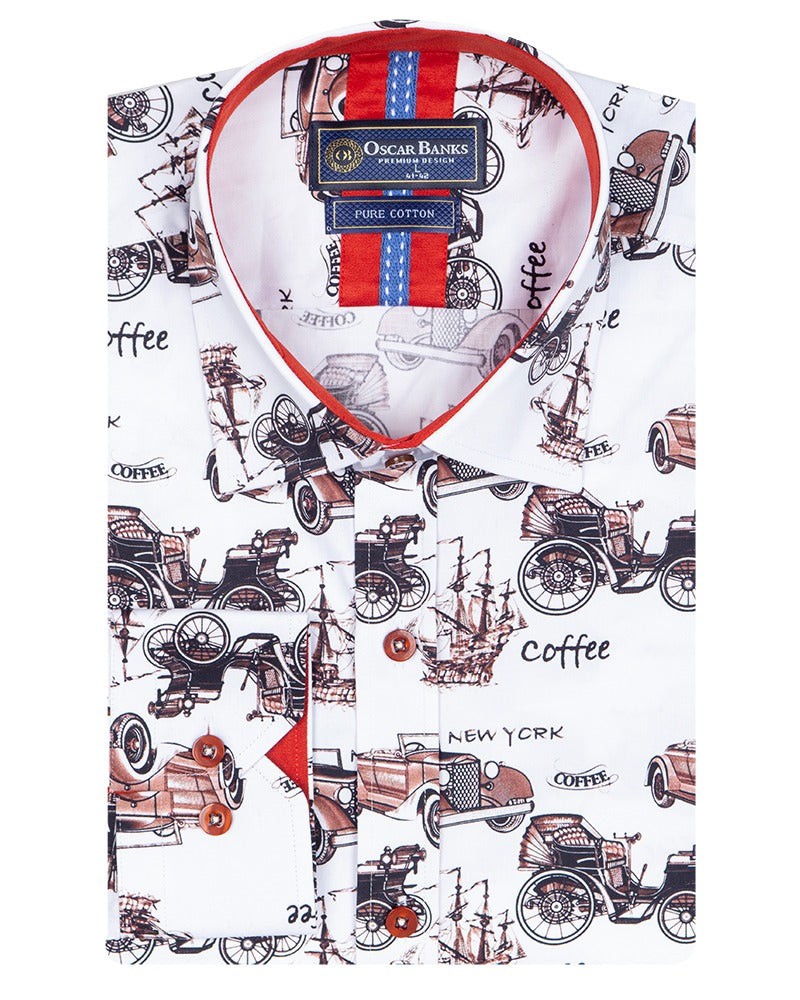White Vintage Cars Print with Matching Handkerchief